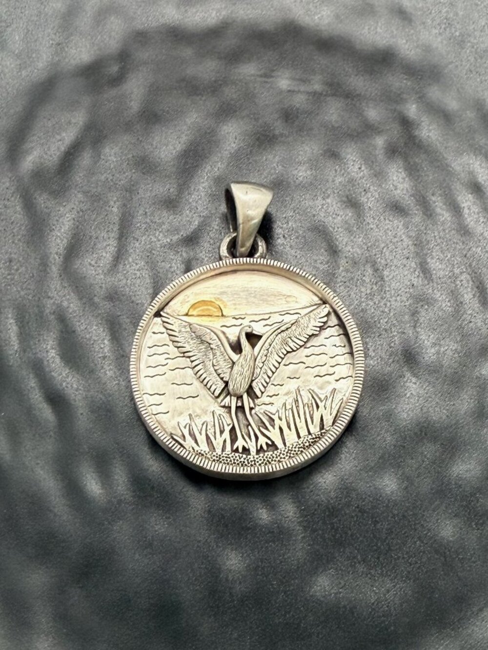 Handmade 925 Sterling Silver Heron Landscape Pendant, Wetland Bird Jewelry